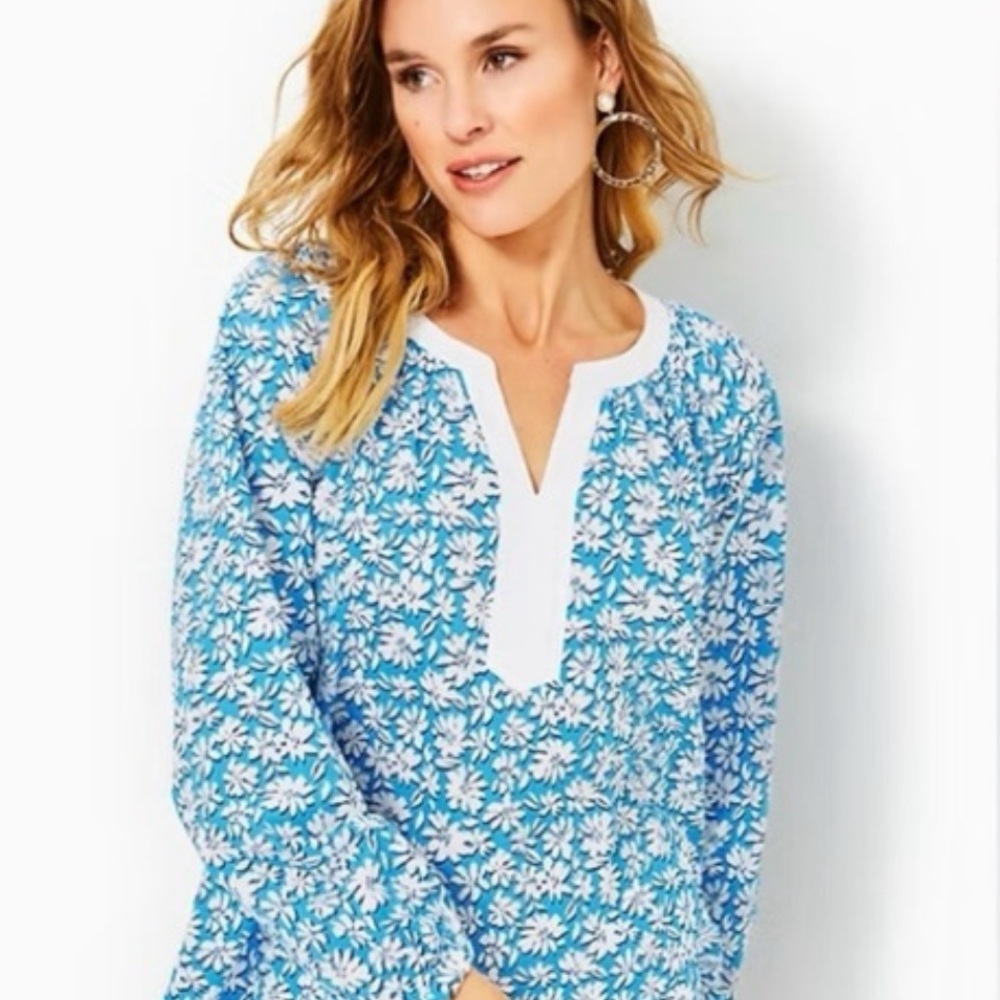 Lilly Pulitzer Camryn Tunic Lunar Blue Palm Beach Petals, Like New, new pics